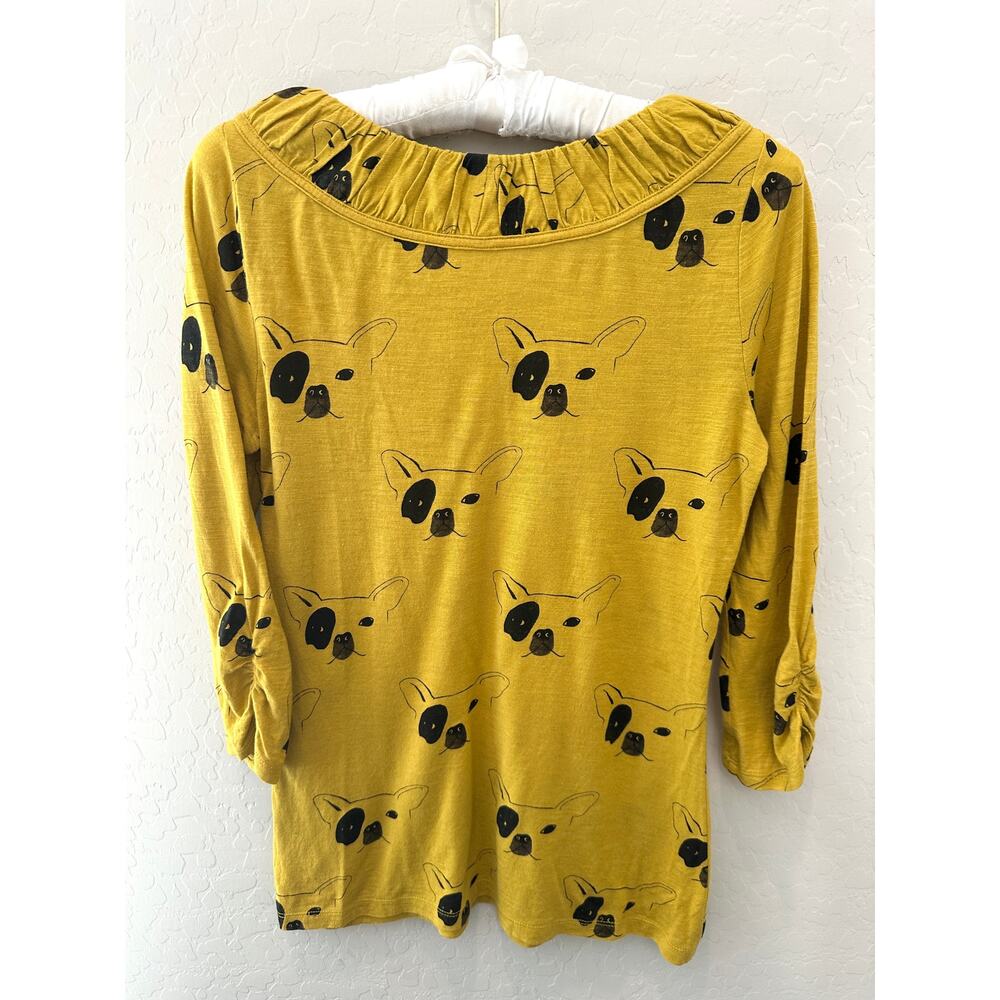 ANTHROPOLOGIE | French Bulldog Graphic Top Yellow Dog Print Scoop Neck Tee | XS - Picture 5 of 8